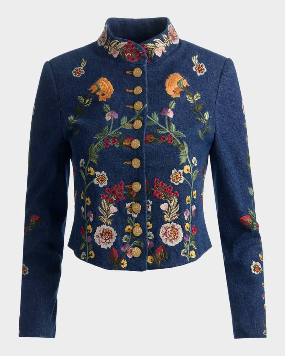 ALICE + OLIVIA Emerson Embroidered Denim Military Jacket | Neiman Marcus