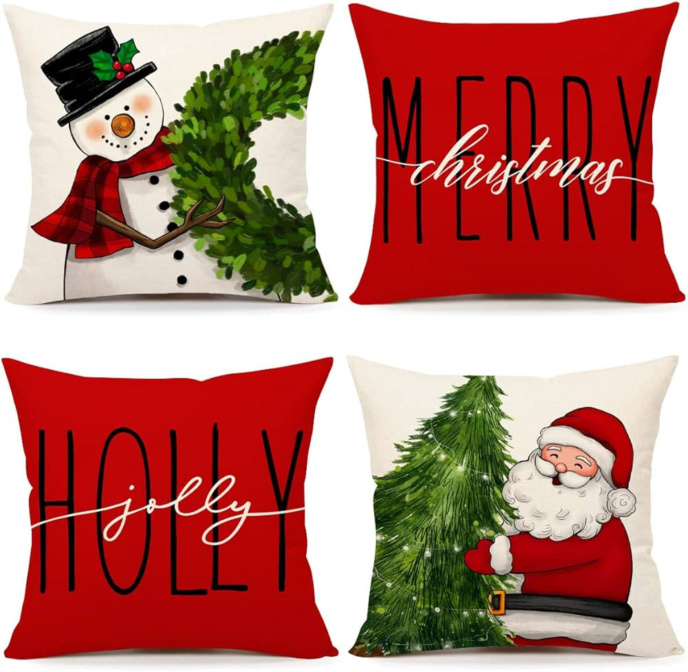 Red Christmas Pillow Covers 18x18 Set of 4 Farmhouse Christmas Decorations Snowman Wreath Santa C... | Amazon (US)