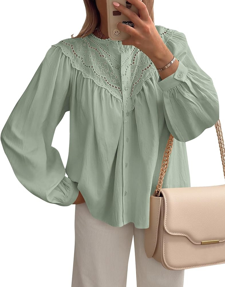 BTFBM Blouses for Women Dressy Casual Fall Clothes 2025 Long Sleeve Tops Lace Flowy Babydoll Butt... | Amazon (US)