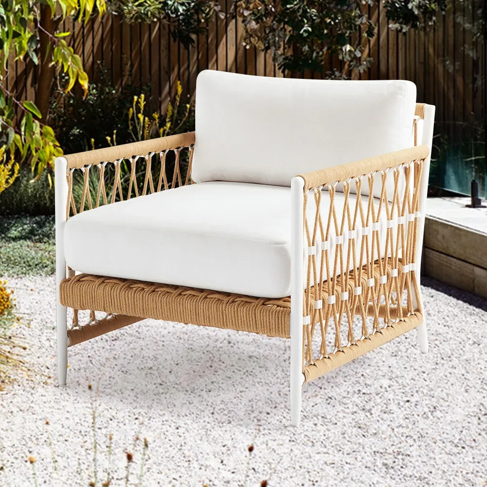 Beachcrest Home Ermanno Woven Rope Outdoor Armchair Accent Chair With White Polyester Pillow Cush... | Wayfair North America