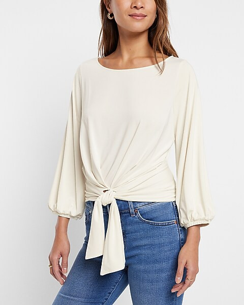 Silky Tie Front Balloon Sleeve Tee | Express