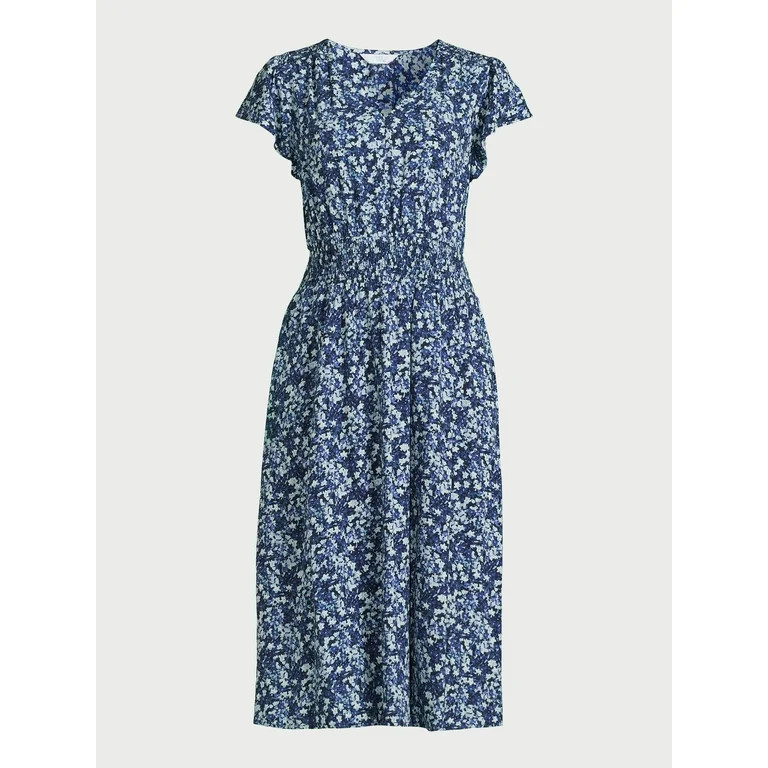 Time and Tru Women's and Women's Plus Smocked Waist Midi Dress with Short Sleeves, Sizes XS-4X | Walmart (US)