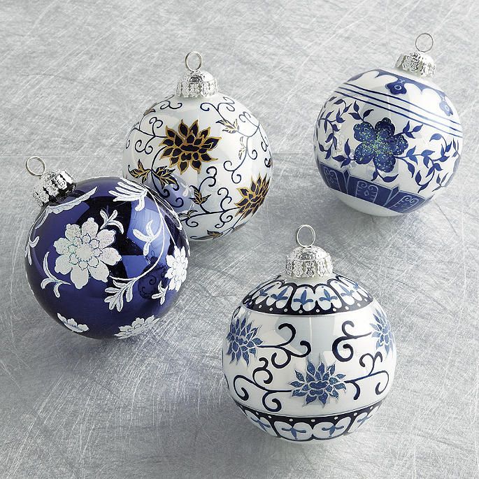 Floral Scroll Sphere Ornaments in Blue/White, Set of Four | Frontgate | Frontgate