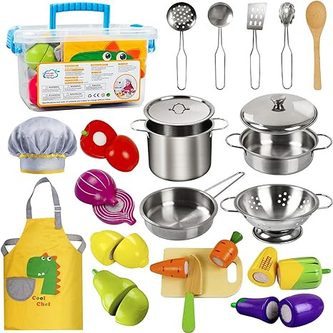 Sundaymot Play Kitchen Accessories, Wooden Play Food, Cooking Set with Stainless Steel Cookware P... | Amazon (US)