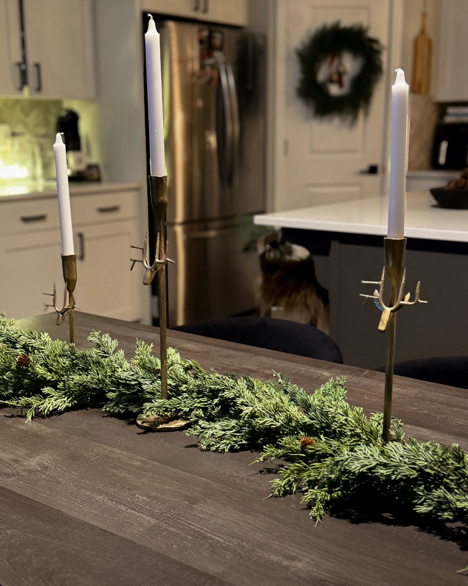 The most beautiful gold iron candlestick holders! And, the most realistic garland! Planning my Thanksgiving tablescape, stay tuned! Deer. Dining. Christmas. Winter. Holiday. 

#LTKHome #LTKHoliday #LTKSeasonal
