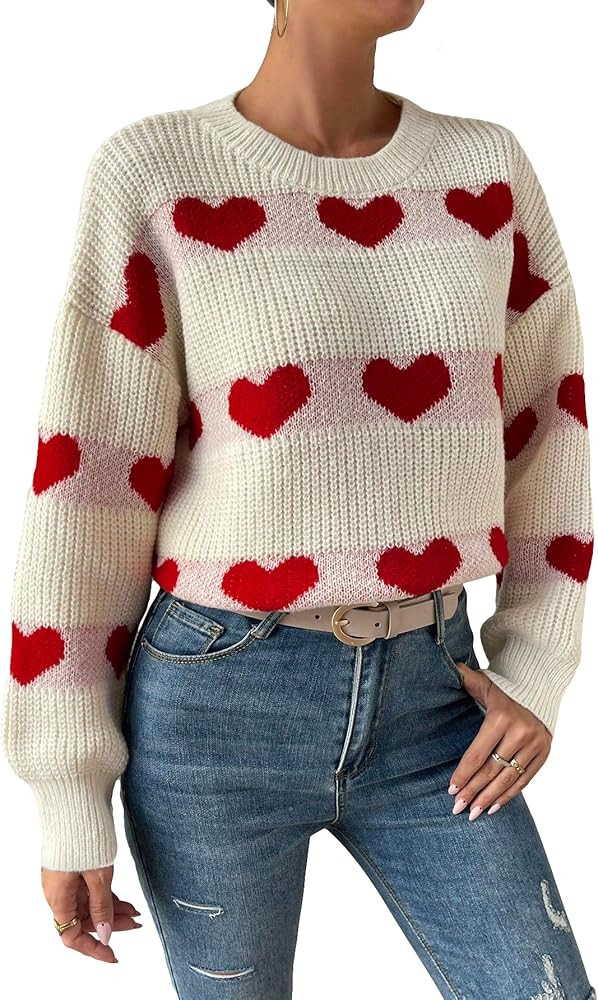 Floerns Women's Winter Heart Drop Shoulder Long Sleeve Casual Sweater Pullover | Amazon (US)