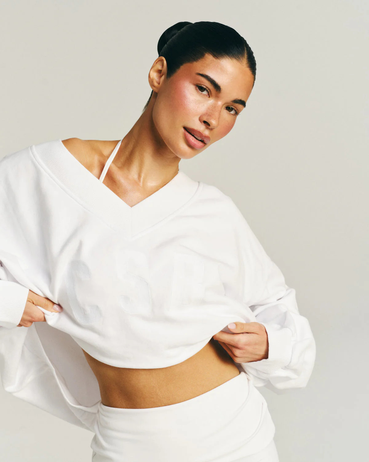 CSB V Neck Sweatshirt | White | Crop Shop Boutique US