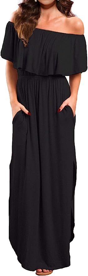 VERABENDI Women's Off Shoulder Summer Casual Long Ruffle Beach Maxi Dress with Pockets | Amazon (US)