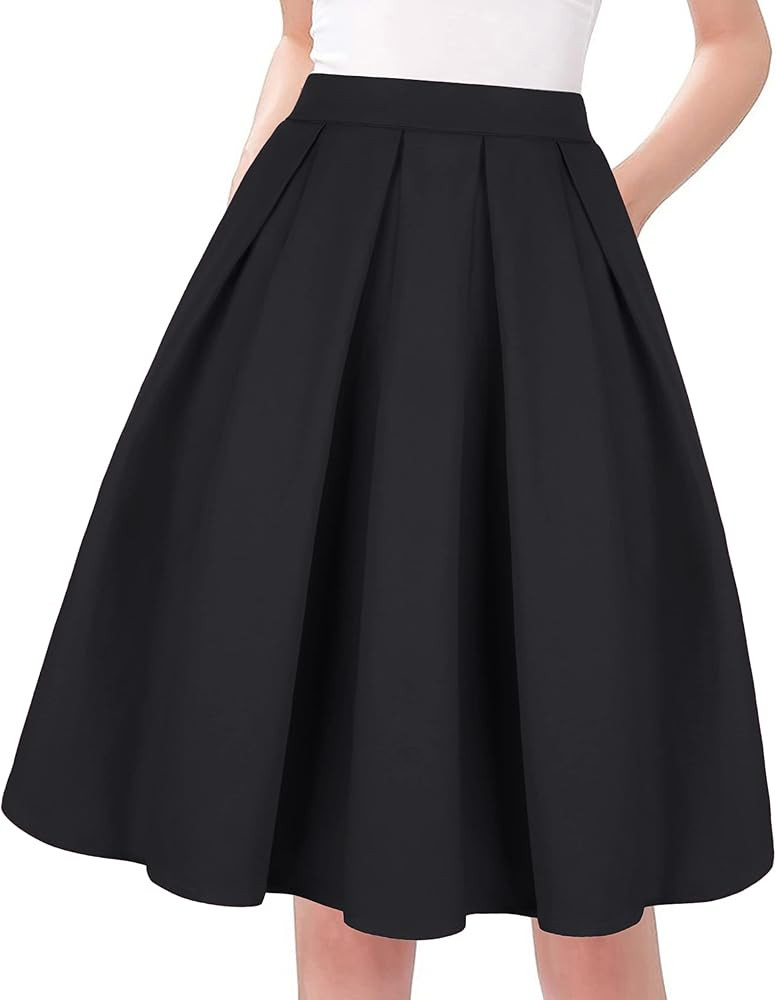 Tandisk Women's Vintage A-line Printed Pleated Flared Midi Skirt with Pockets | Amazon (US)