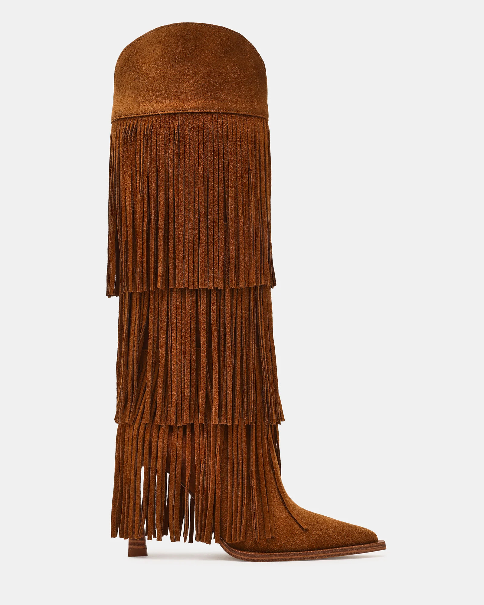 KINZEE Fringe Chestnut Suede Pointed-Toe Knee-High Western Stiletto Women's Boot | Steve Madden (US)