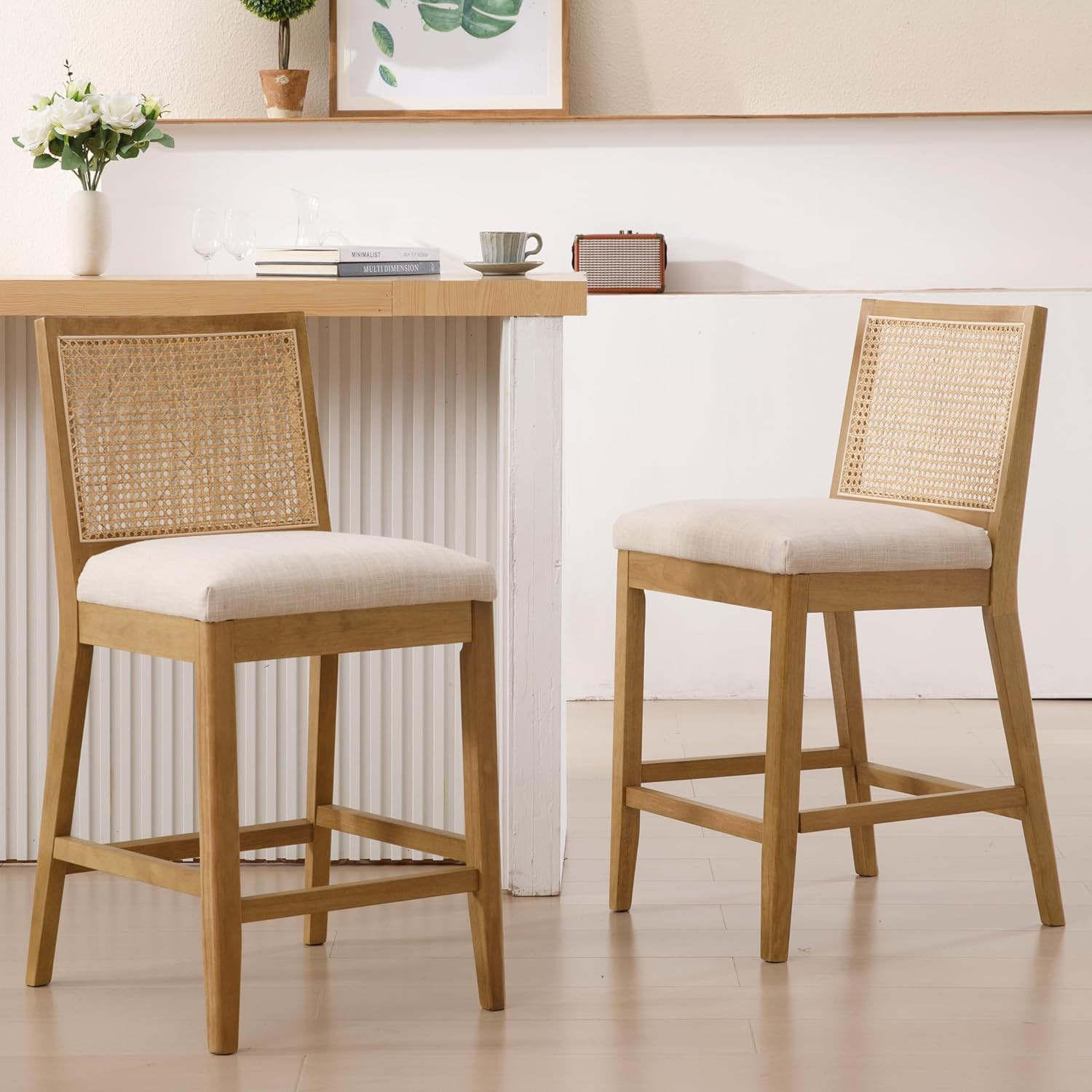 26.5" Rattan Bar Stools Set of 2 Modern Linen Fabric Upholstered Counter Height Bar Stools, Kitch... | Amazon (US)