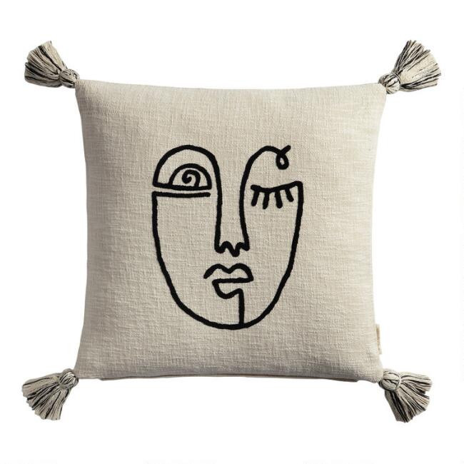 Ivory Embroidered Abstract Face Throw Pillow | World Market