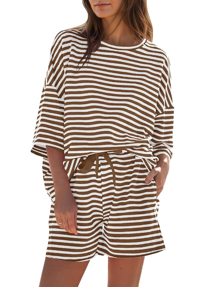 Fisoew Womens Striped 2 Piece Outfits Sweatsuits 3/4 Sleeve Oversized Tops High Waisted Shorts Ca... | Amazon (US)