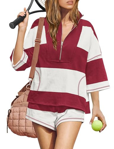 ReachMe Womens Workout Sets 2 Piece Summer Outfits Striped Top and Shorts Set Vacation Clothes Tracksuits with Pockets(Burgundy,M) | Amazon (US)