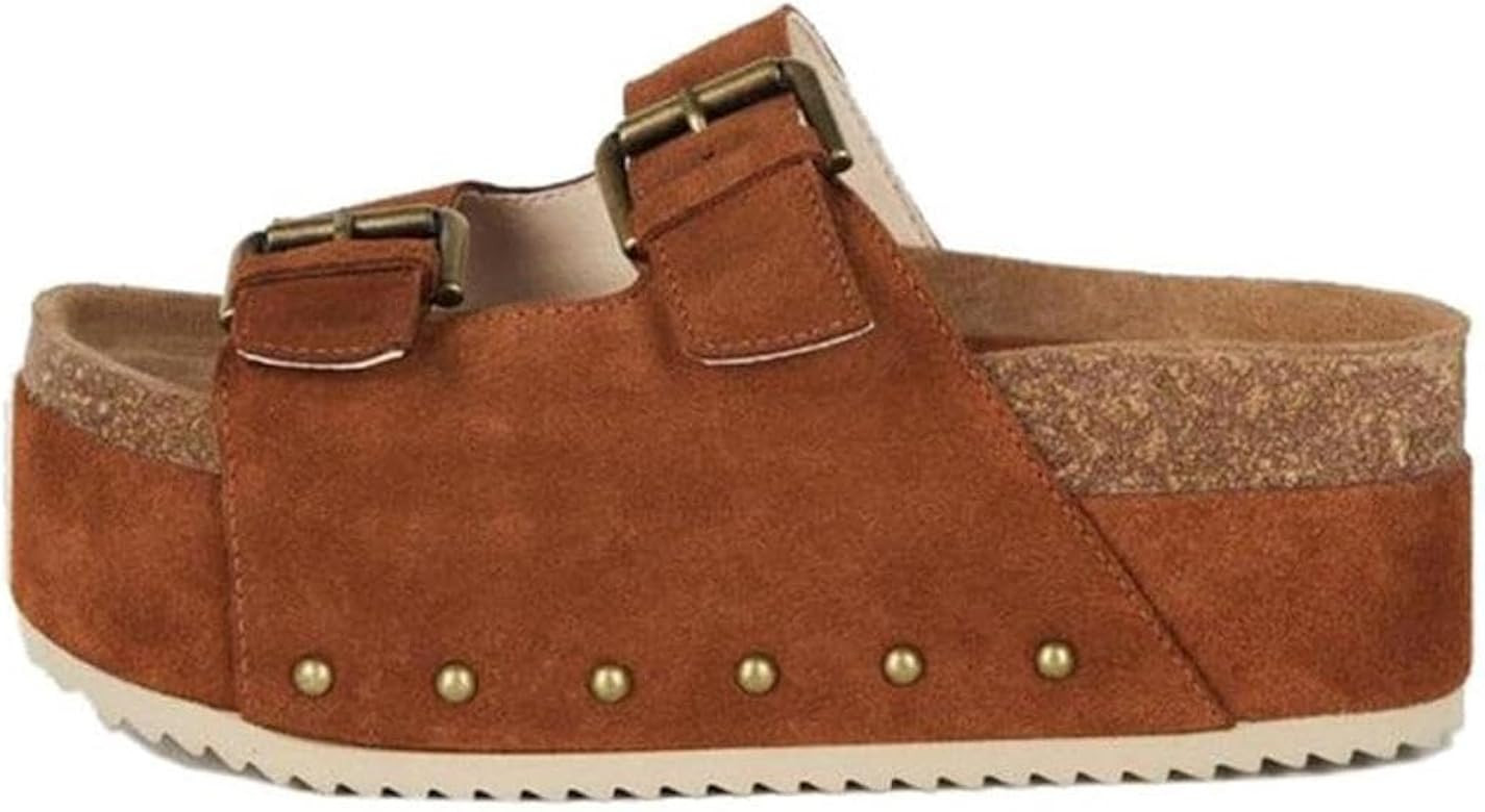 JORISTIMO Women's Cork Flatform Sandals Dual Buckled Band Suede Clogs Platform Slip On Sandals | Amazon (US)