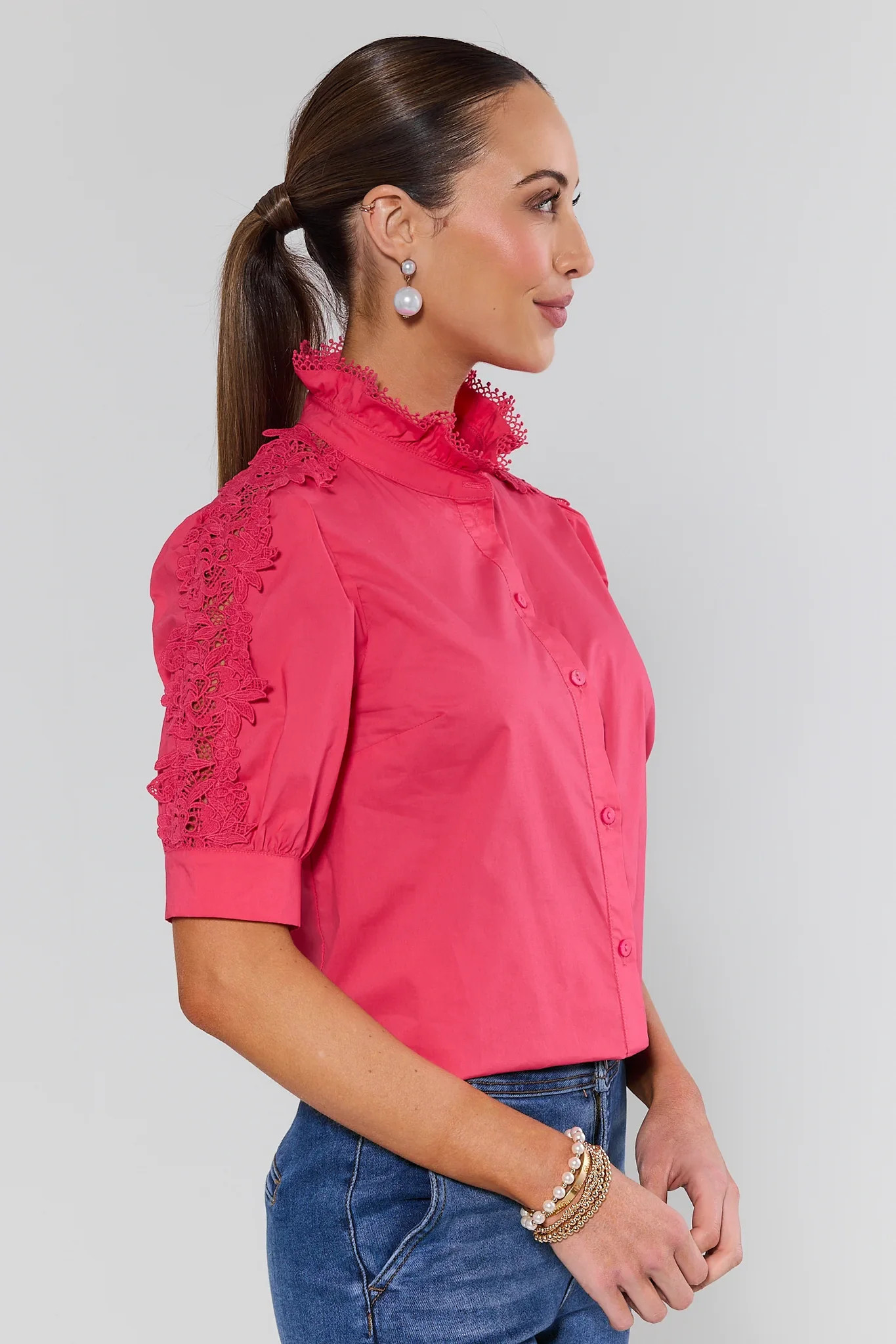 Maribeth Pink Lace Button Up Top | Avara