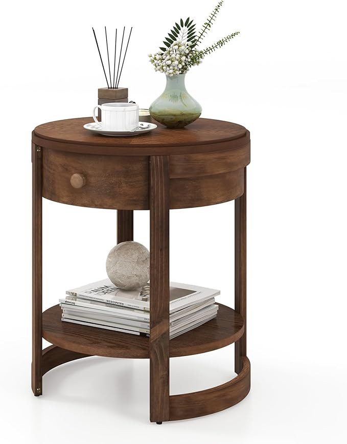 Giantex Round Side Table, 2-Tier Retro End Table with Drawer & Shelf, Wooden Accent Table with An... | Amazon (US)