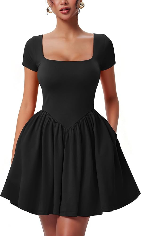 YMDUCH Women's Casual Short Sleeve Square Neck A-line Flowy Hem Party Dress with Pockets | Amazon (US)