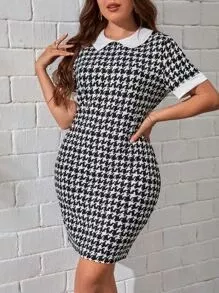 SHEIN Plus Lapel Collar Buckle Belted Houndstooth Dress  Evening dresses plus  size, Dress clothes for women, Houndstooth dress