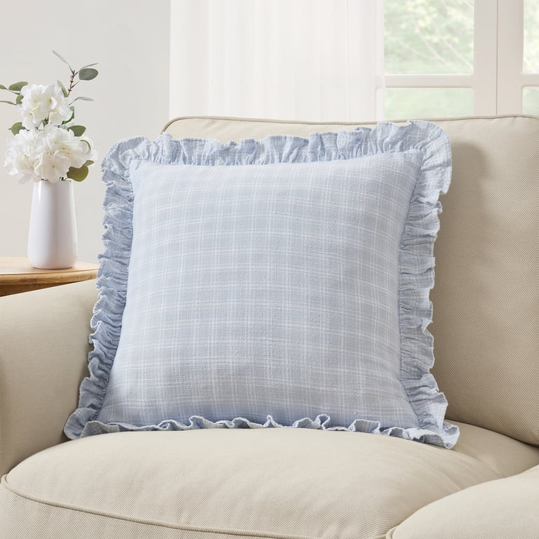 My Texas House 18" x 18" Blue Ruffle Plaid Cotton Decorative Pillow | Walmart (US)