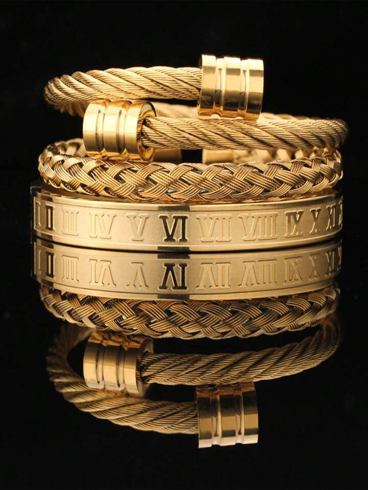 3pcs/Set Chic European And American Style Braided Steel Wire Bangle, Personality Roman Numerals S... | SHEIN