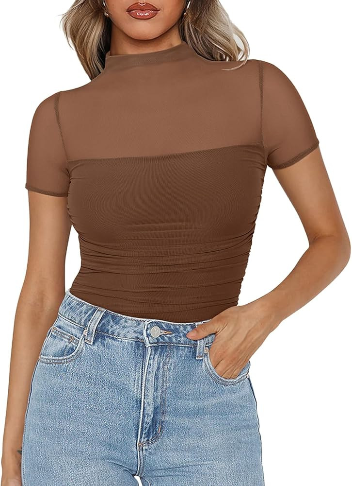PINKMSTYLE Mock Neck Mesh Short Sleeve Bodysuit for Women Going Out Tops Date Night Outfit | Amazon (US)