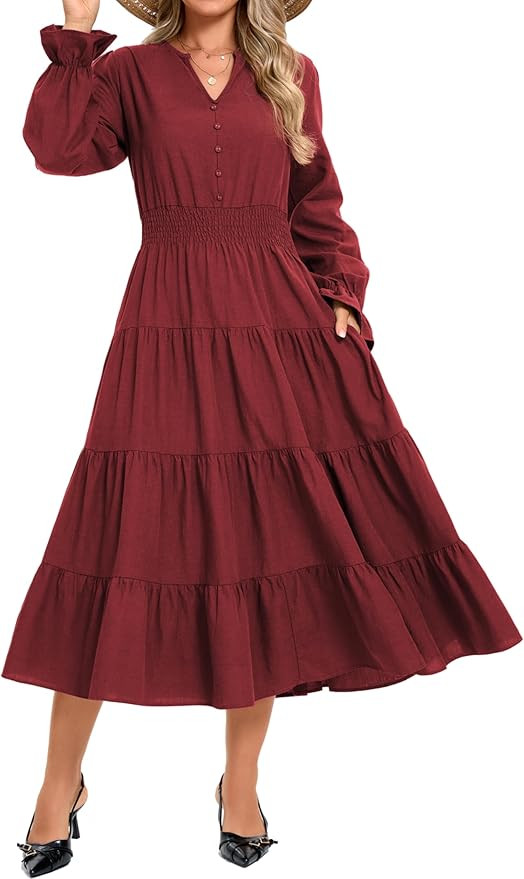 Long Sleeve Notch Neck Smocked Maxi Dress with Pockets | Amazon (US)