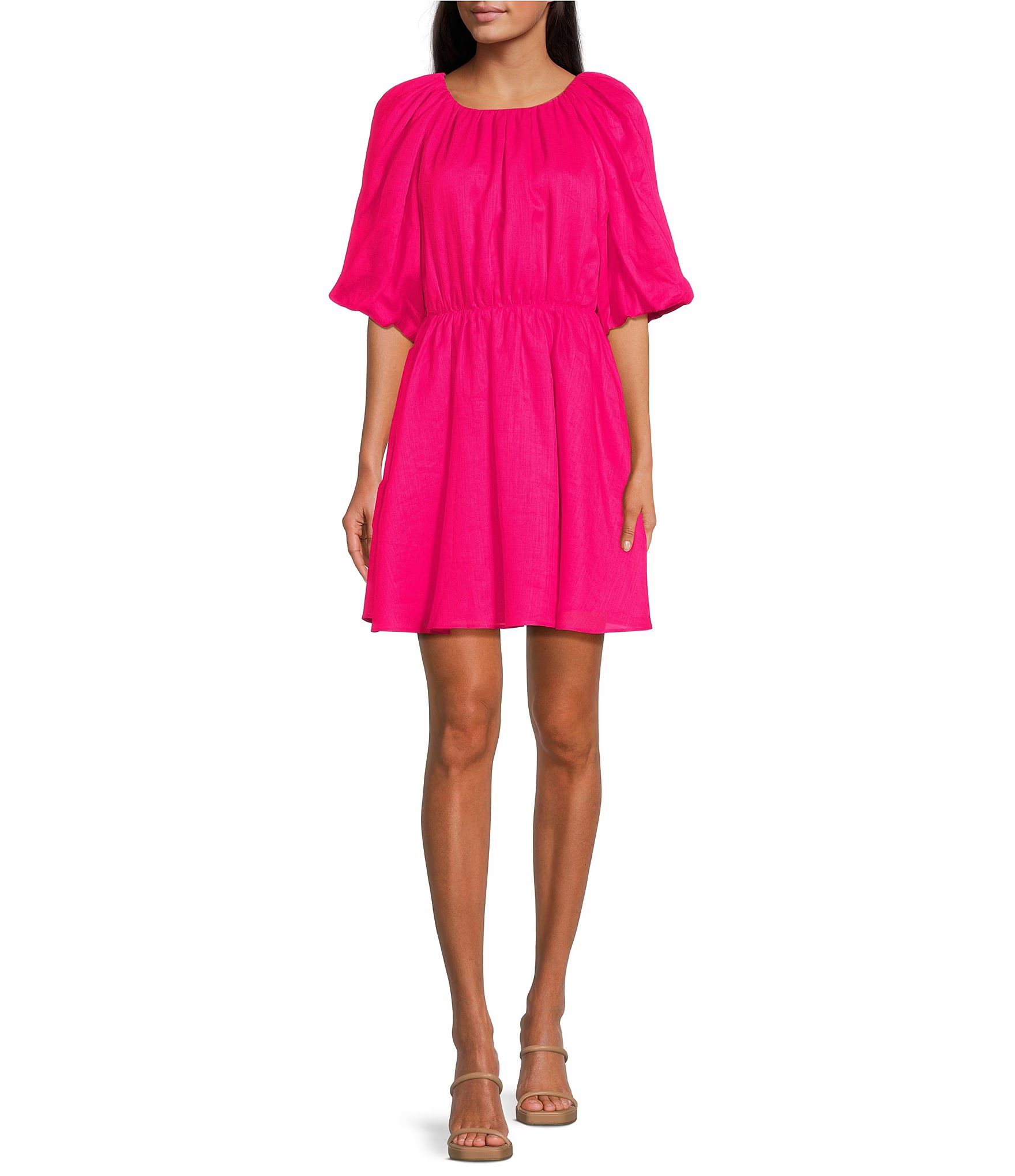 A-Line Scoop Neck Elbow Bubble Sleeve Mini Dress | Dillard's
