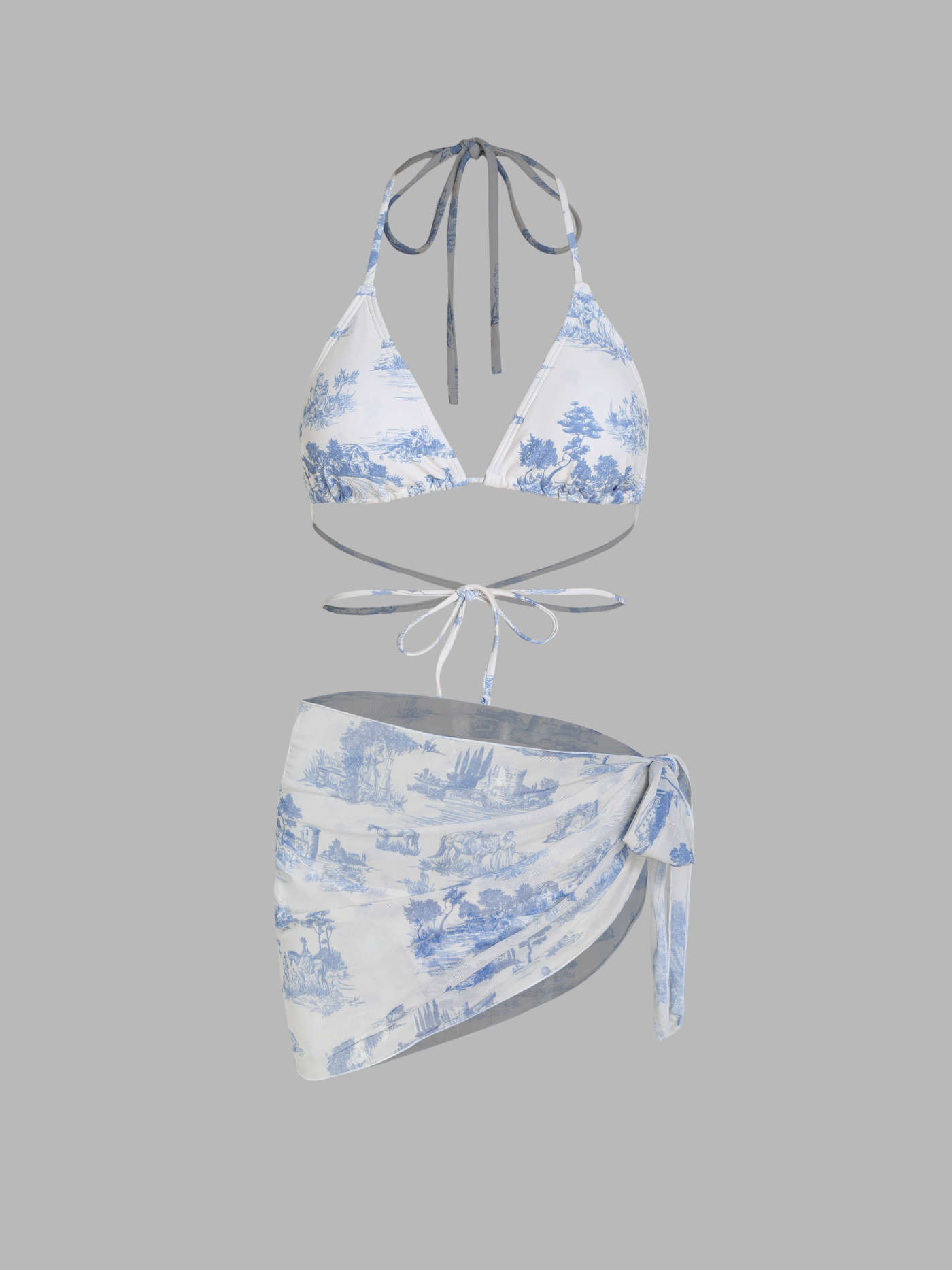 beachwear swimsuits Knit Fabric Toile de Jouy Halter Bikini Set & Sarong For Vacation Swimming Po... | Cider