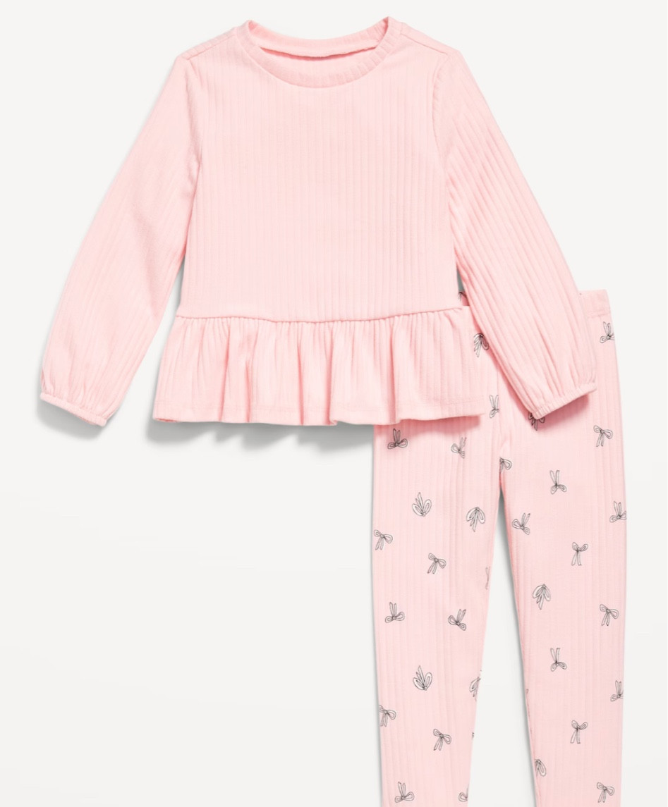 long sleeve peplum ribbed top with bow leggings 

#LTKKids #LTKBaby #LTKHoliday