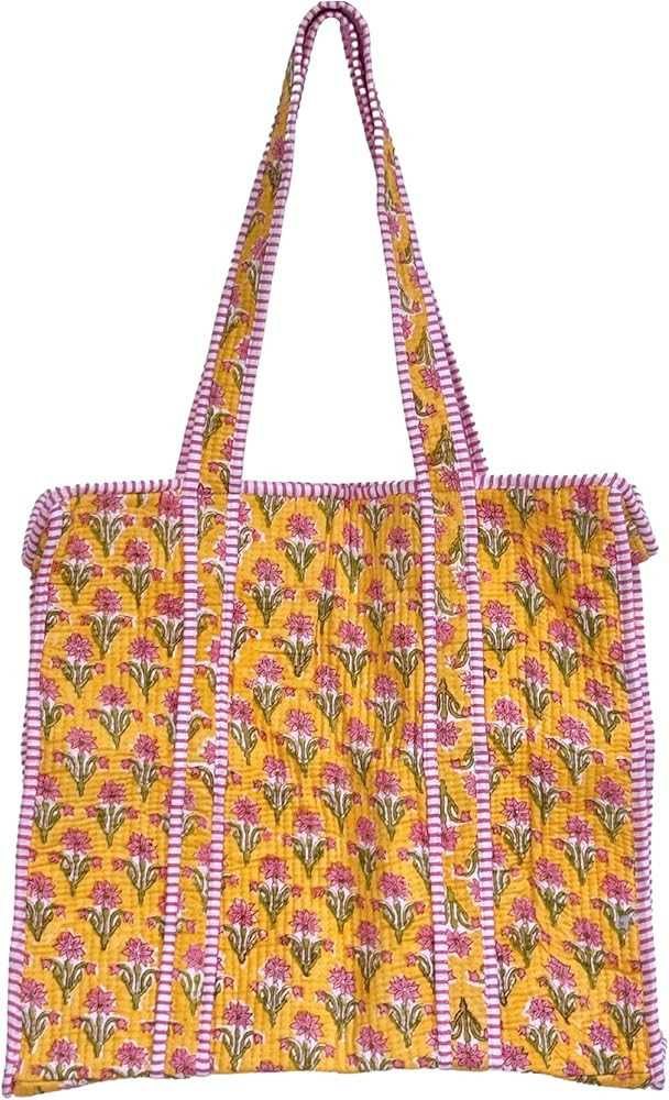 ATOSII Women Handblock Print Quilted 100% Cotton Floral Large Shoulder Tote Bag with Pocket, Zipp... | Amazon (US)
