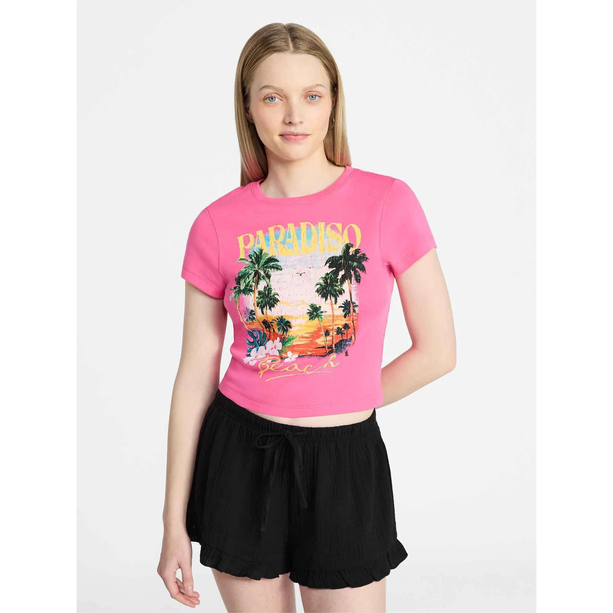 No Boundaries Ribbed Cotton Graphic Baby Tee with Short Sleeves, Women's XXS-XXL | Walmart (US)