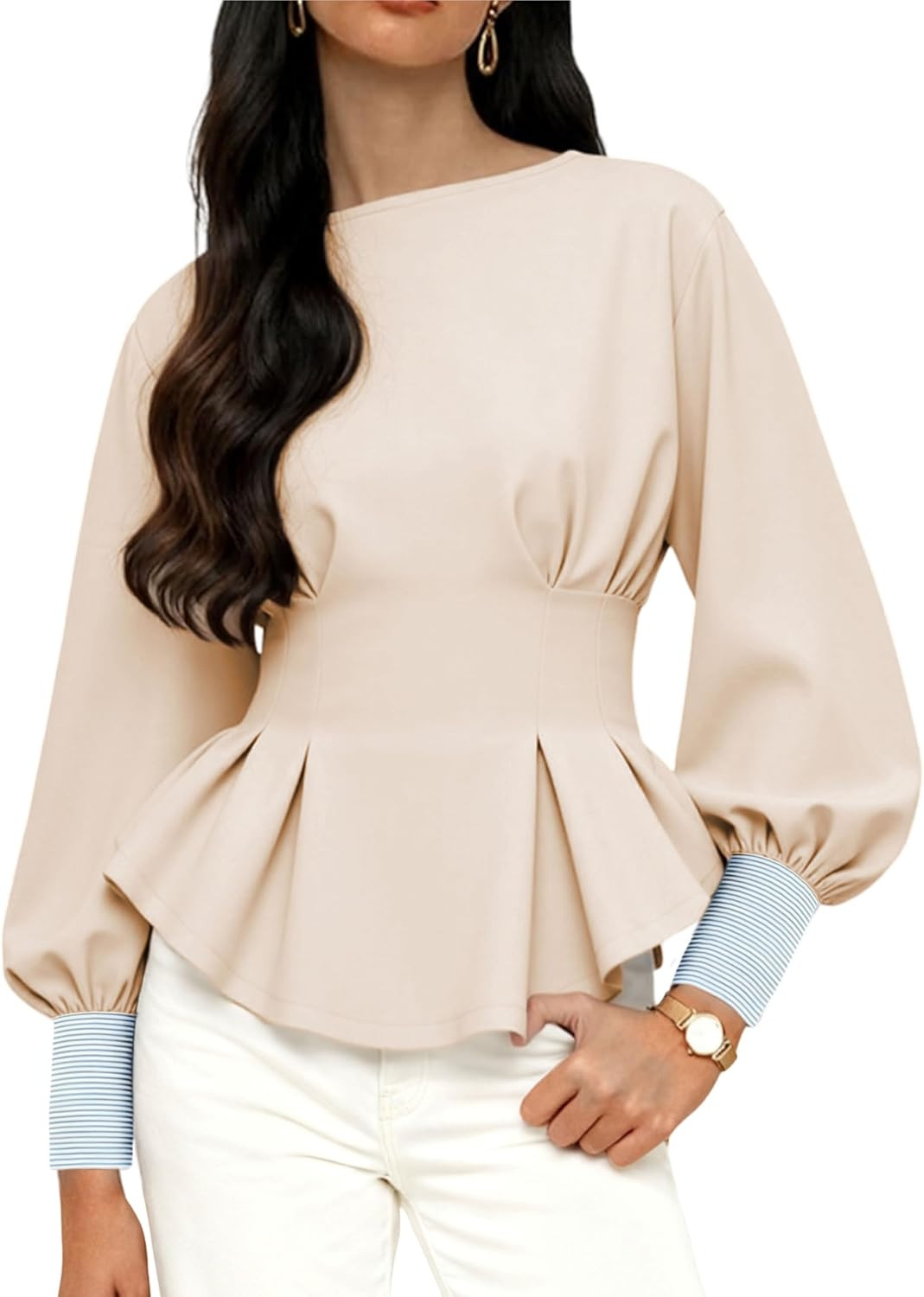 Zhiyouni Women's Peplum Sweatshirt Round Neck Balloon Long Sleeve Pullover Tops Tunic Shirt | Amazon (US)