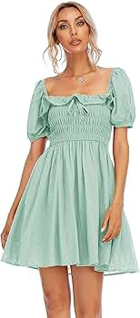 R.Vivimos Women's Summer Linen Short Sleeve Ruffled Floral Print Swing Dress | Amazon (US)