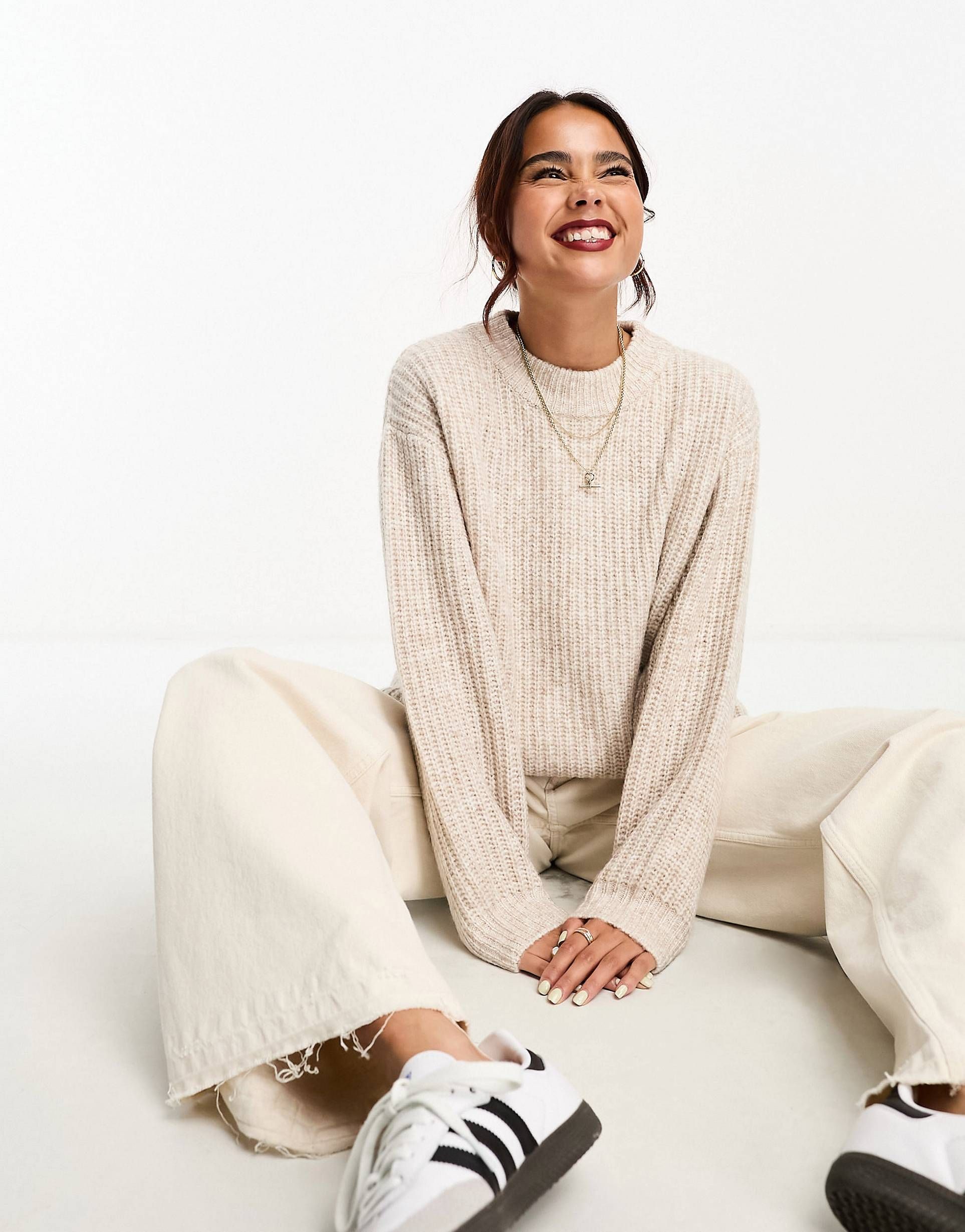 ASOS DESIGN fluffy rib jumper with crew neck in oatmeal | ASOS (Global)