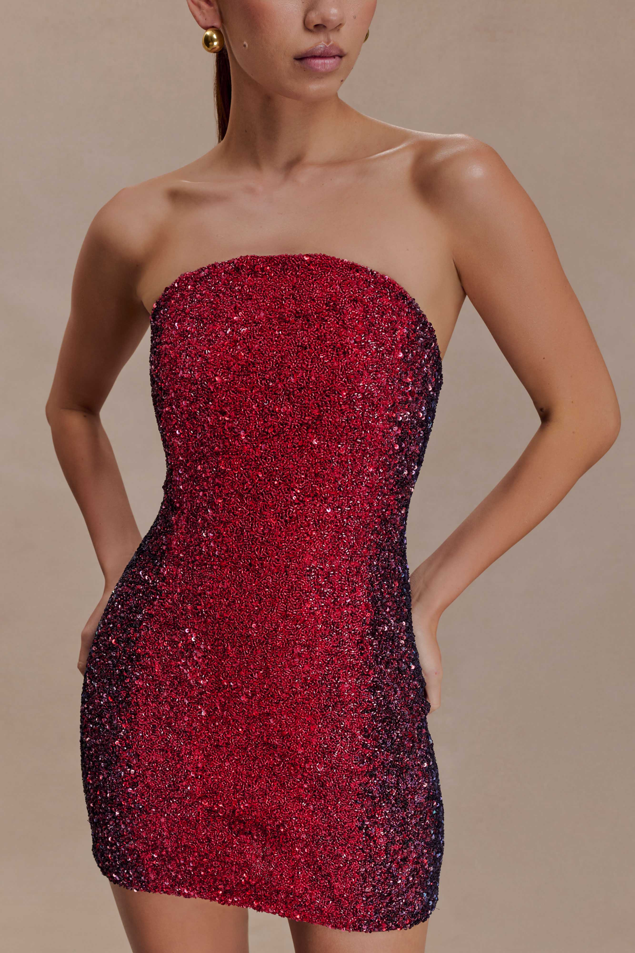 Hand Beaded Strapless Mini Dress - Red Ombre | MESHKI US