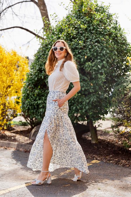 Stepping into spring with eye catching eyelet details and beautiful blue and white floral details. This maxi skirt fits true to size, has pockets, and a stunning slit up to the knee 

#LTKSeasonal #LTKfindsunder100 #LTKstyletip