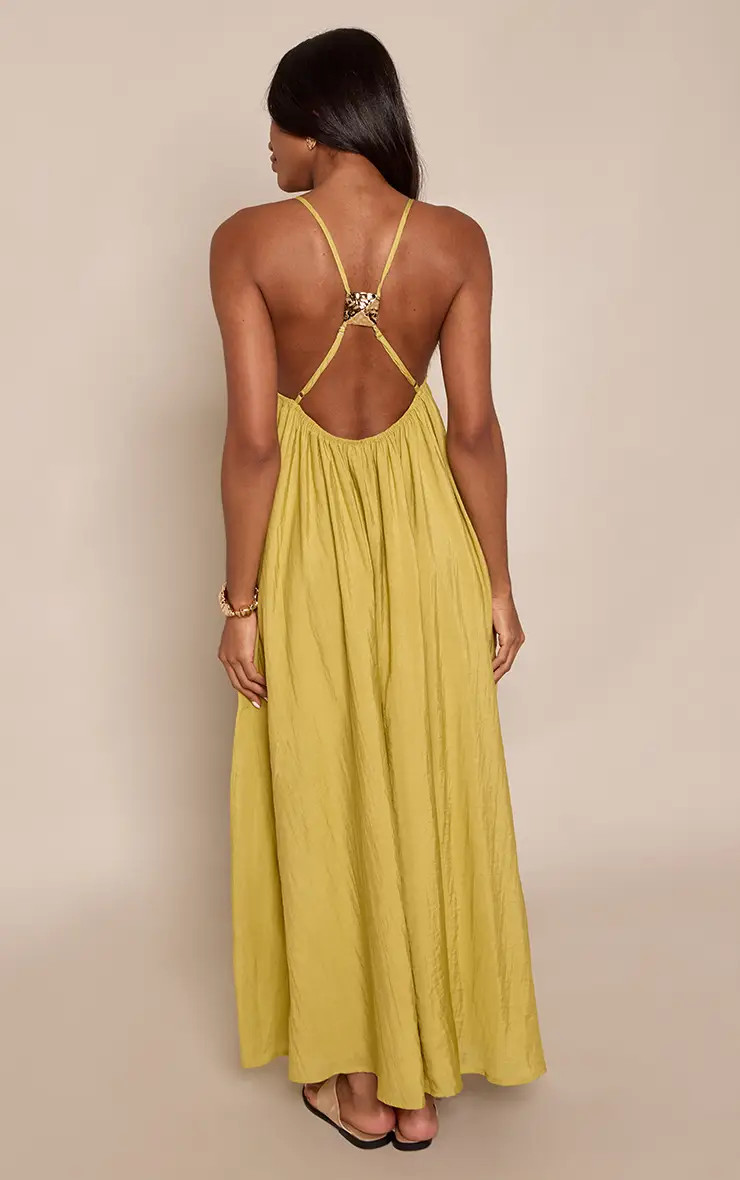 Chartreuse Woven Open Back Trim Detail Floaty Maxi Dress | PrettyLittleThing UK