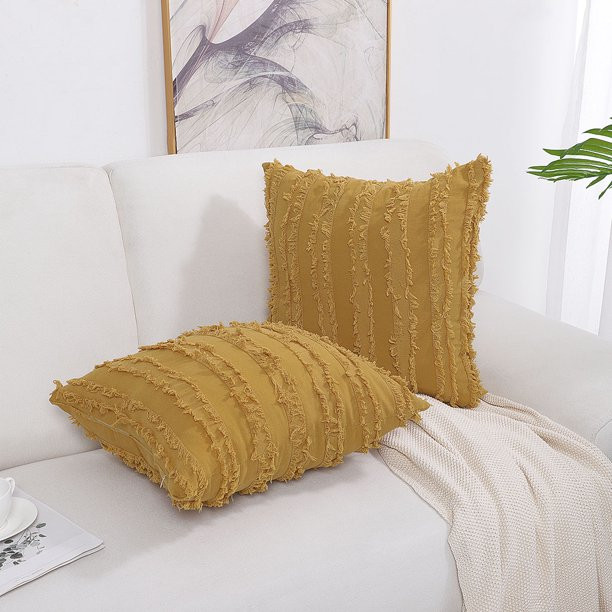 PiccoCasa 2Pcs Cotton Linen Decorative Cushion Covers, Tassel Striped Throw Pillow Covers,  Yello... | Walmart (US)
