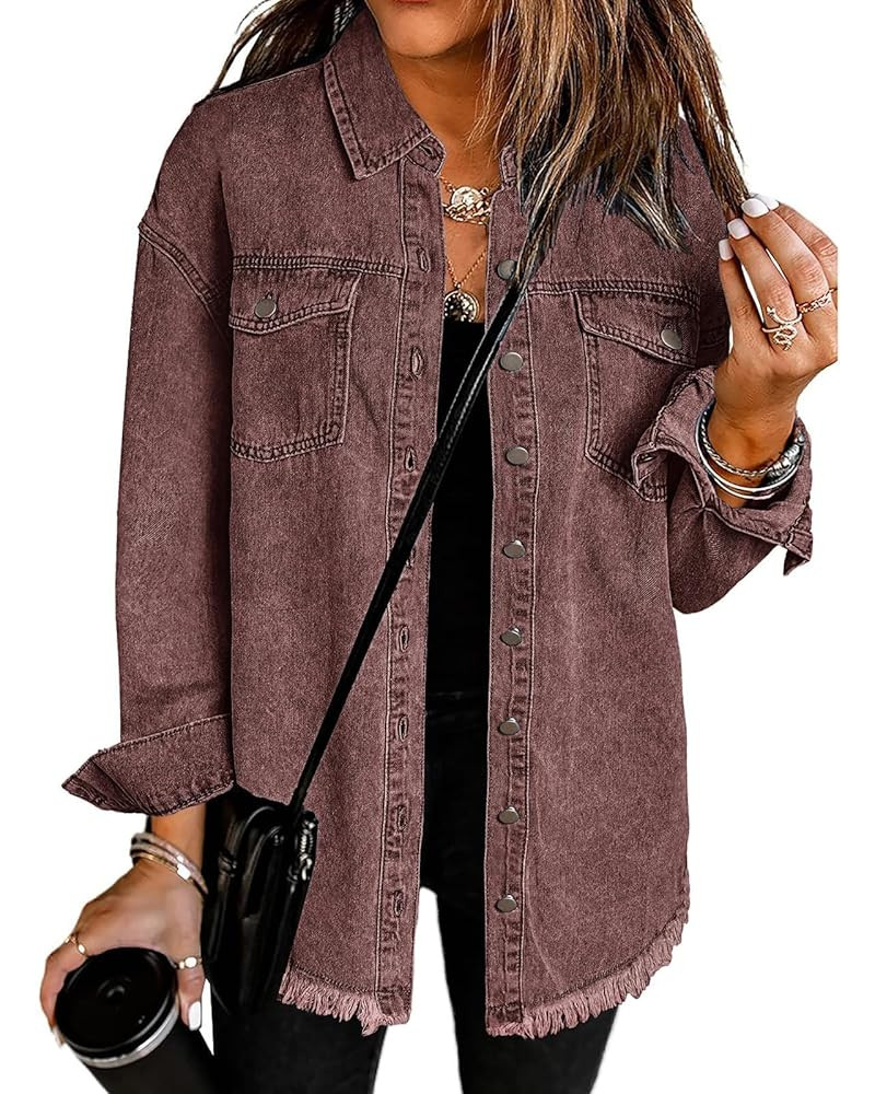 Vetinee Women’s Oversized Button Up Frayed Hem Shacket Long Sleeve Pockets Denim Jean Jacket | Amazon (US)