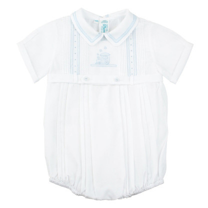Creeper with Pintucks and Train Embroidery White | Feltman Brothers