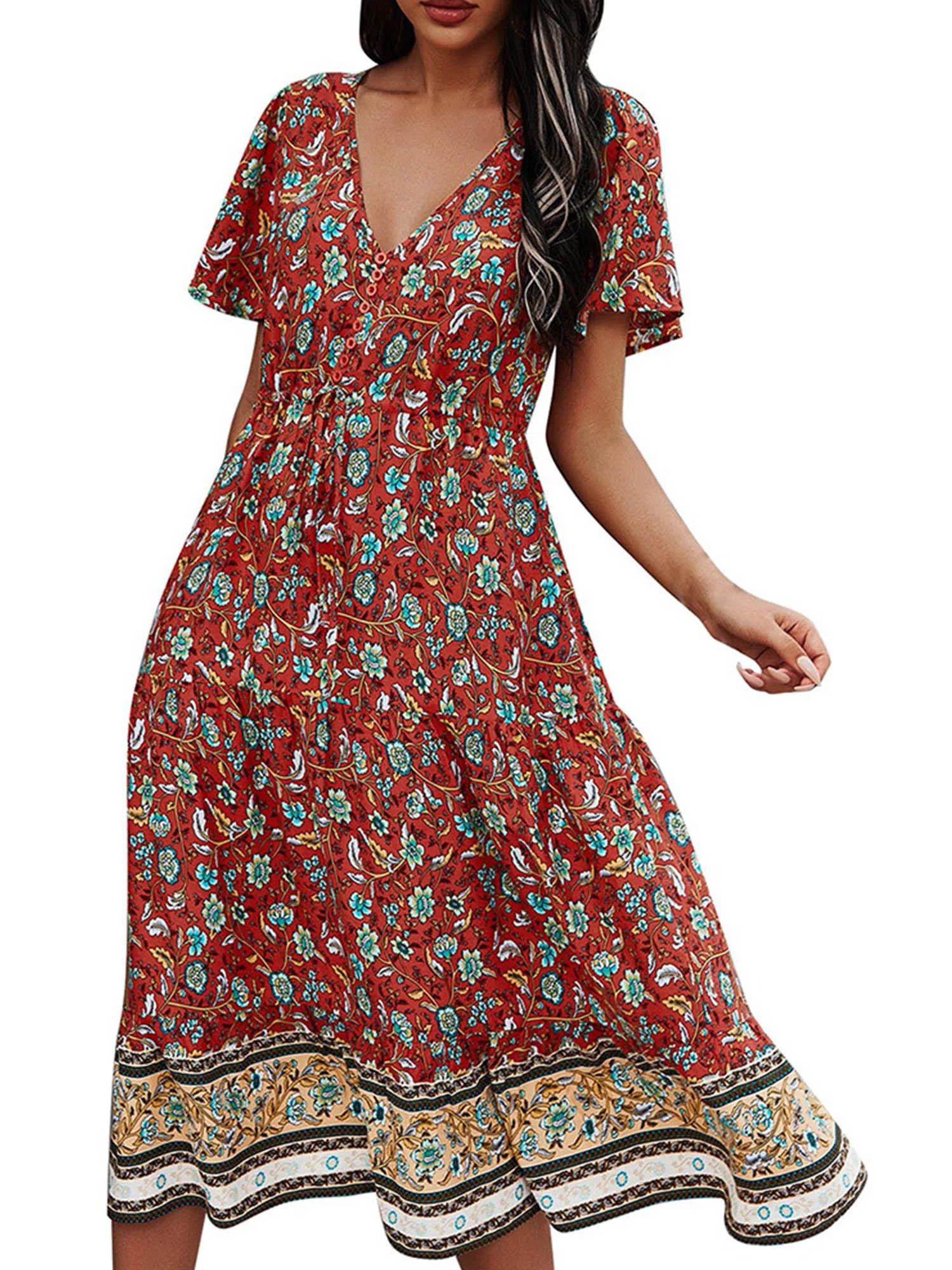 JustVH Women Summer Beach Floral Boho Dress Short Sleeve Midi Swing Dress Sundress | Walmart (US)