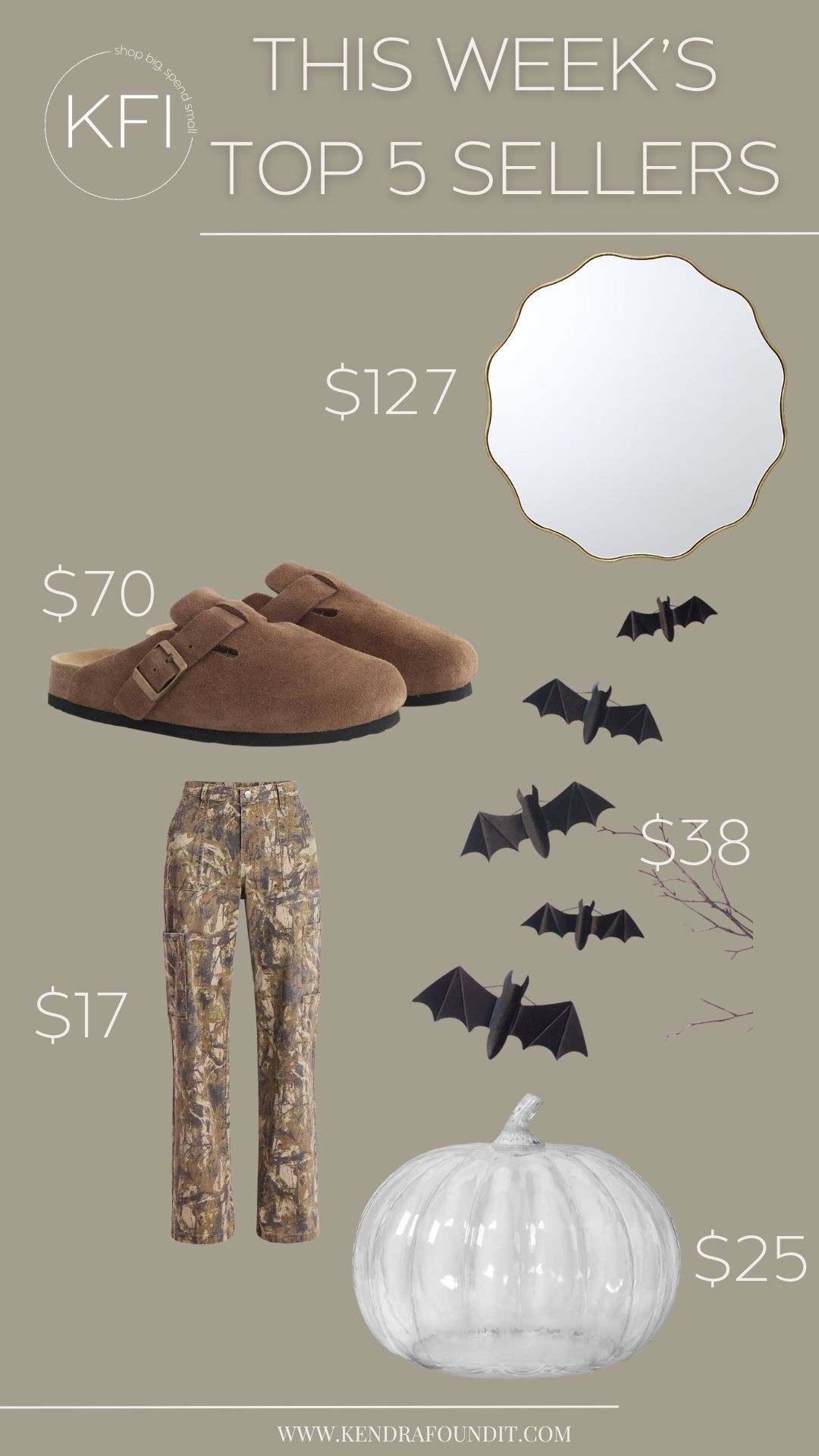 This week’s Top 5 Best Sellers are full of affordable finds and designer dupes you’ll want to grab before they sell out 🙌✨

🦇 Wayfair metal bats – The perfect Halloween decor idea! These chic black metal bats work as Halloween wall decor,  Halloween decorations, or spooky mantle accents. If you’ve been searching for affordable Halloween bats or modern farmhouse Halloween decor, these are a must-have.

👟 Quince 100% suede clogs – These cozy suede clogs are the best Birkenstock Boston clog dupe. Quince shoes are high-quality, budget-friendly, and give you that elevated fall look without the $150 price tag. A closet staple if you’ve been hunting for affordable fall shoes or comfy suede slip-ons.

👖 Walmart camo cargo pants – The ultimate Abercrombie camo pants dupe for just $17! If you’ve been searching for affordable camo pants, camo print trousers, or the perfect fall cargo pants, this Walmart dupe gives you the same trendy look for way less.

🪞 Lowe’s scalloped mirror – A Serena & Lily mirror dupe that looks designer but comes at a fraction of the cost. This Lowe’s wall mirror is perfect for entryways, bathrooms, or bedrooms. If you’ve been looking for affordable scalloped mirrors, modern wall mirrors, or Serena & Lily dupes, this is it.

🎃 Target glass pumpkin – A chic and affordable fall decoration you’ll use year after year. This clear glass pumpkin works as a fall table centerpiece, Halloween decor, or even Thanksgiving accent. If you’re looking for timeless fall home decor from Target, this pumpkin is a top pick.

These are the pieces you all loved most this week — from Halloween decorations to affordable fall fashion and designer-inspired home decor. Shop the Wayfair bats, Quince suede clogs, Walmart camo cargo pants dupe, Lowe’s Serena & Lily mirror dupe, and Target glass pumpkin now before they’re gone!

#LTKHome #LTKStyleTip #LTKSeasonal