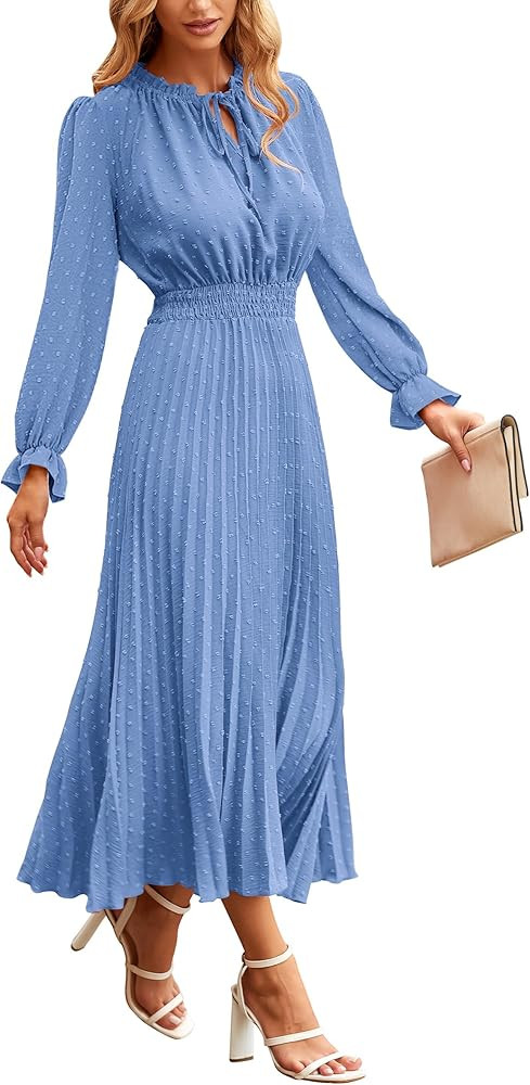 PRETTYGARDEN Women's 2024 Fall Midi Dress Casual Long Sleeve V Neck Swiss Dot Pleated A Line Flow... | Amazon (US)