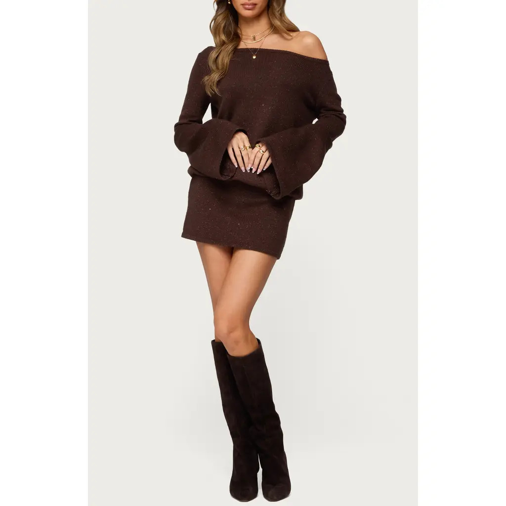EDIKTED Off the Shoulder Long Sleeve Sweater Dress in Brown at Nordstrom, Size Small | Nordstrom