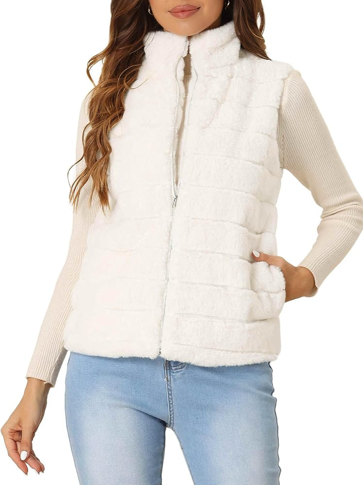 Allegra K Faux Fur Vest for Women's Zip-Up Sleeveless Fur Jacket | Amazon (US)