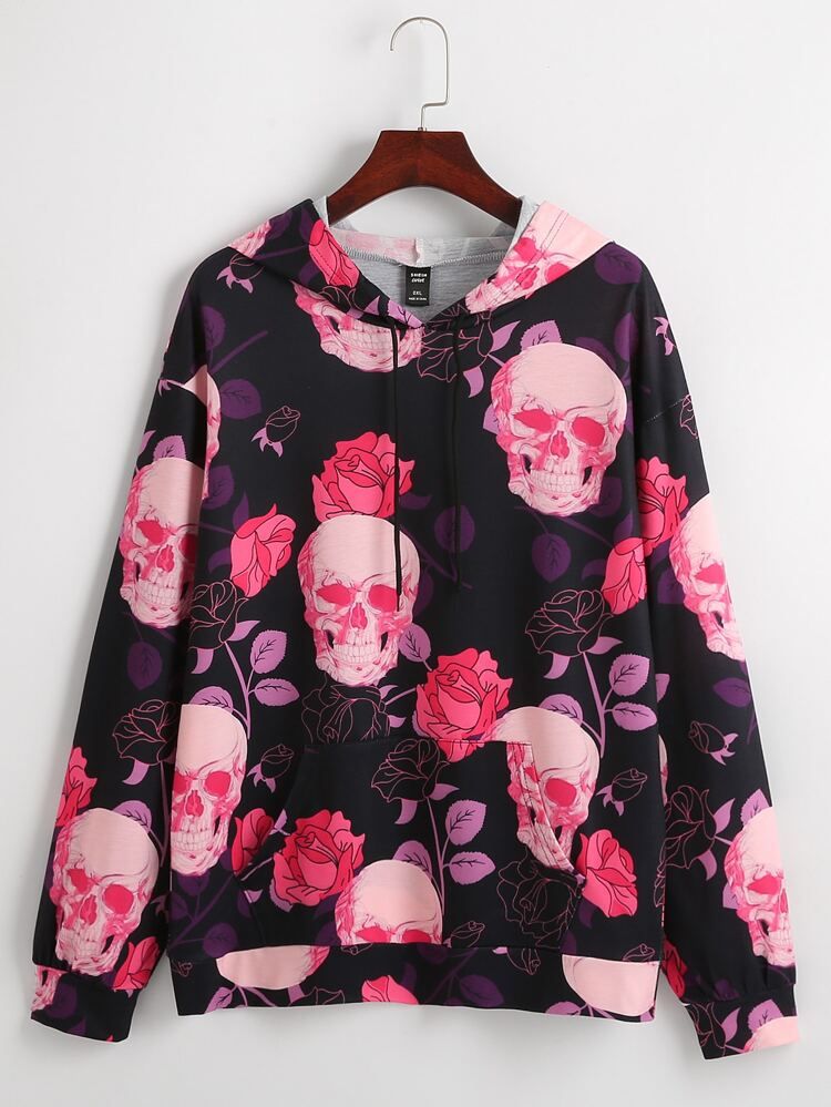 Skull And Floral Print Drawstring Hooded Sweatshirt | SHEIN