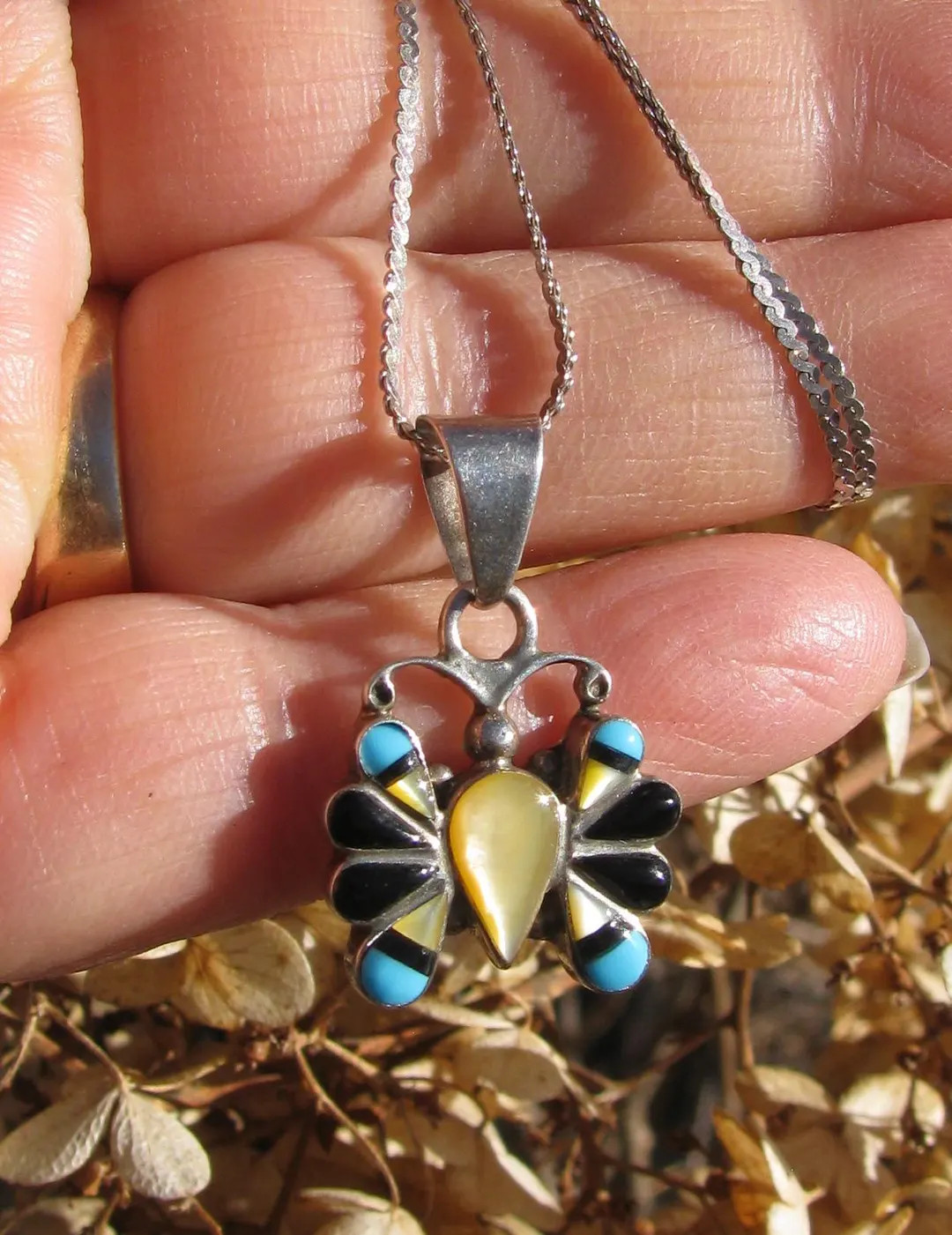 Incredible Zuni Artisan Crafted Gemstone Inlay Sterling Silver Butterfly Pendant Necklace W 17.5"... | Etsy (US)