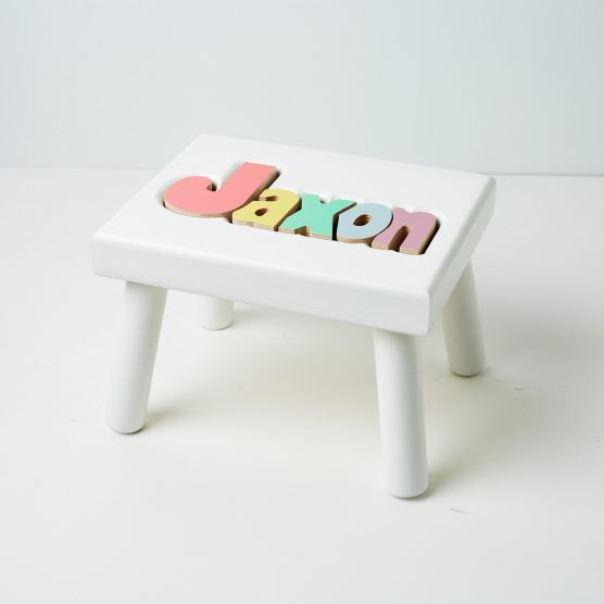 Hollow Woodworks Personalized Maple Puzzle Stool Bench – White | The Tot