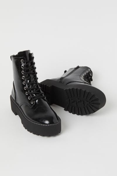 Platform boots in faux leather with decorative welt seams. Lacing at front, zipper at one side, a... | H&M (US)